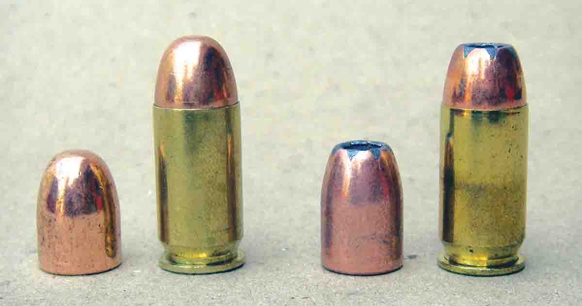 Ball profile bullets (left) and JHP versions (right) are both popular in the .45 ACP, though not all handguns will feed JHP bullets.